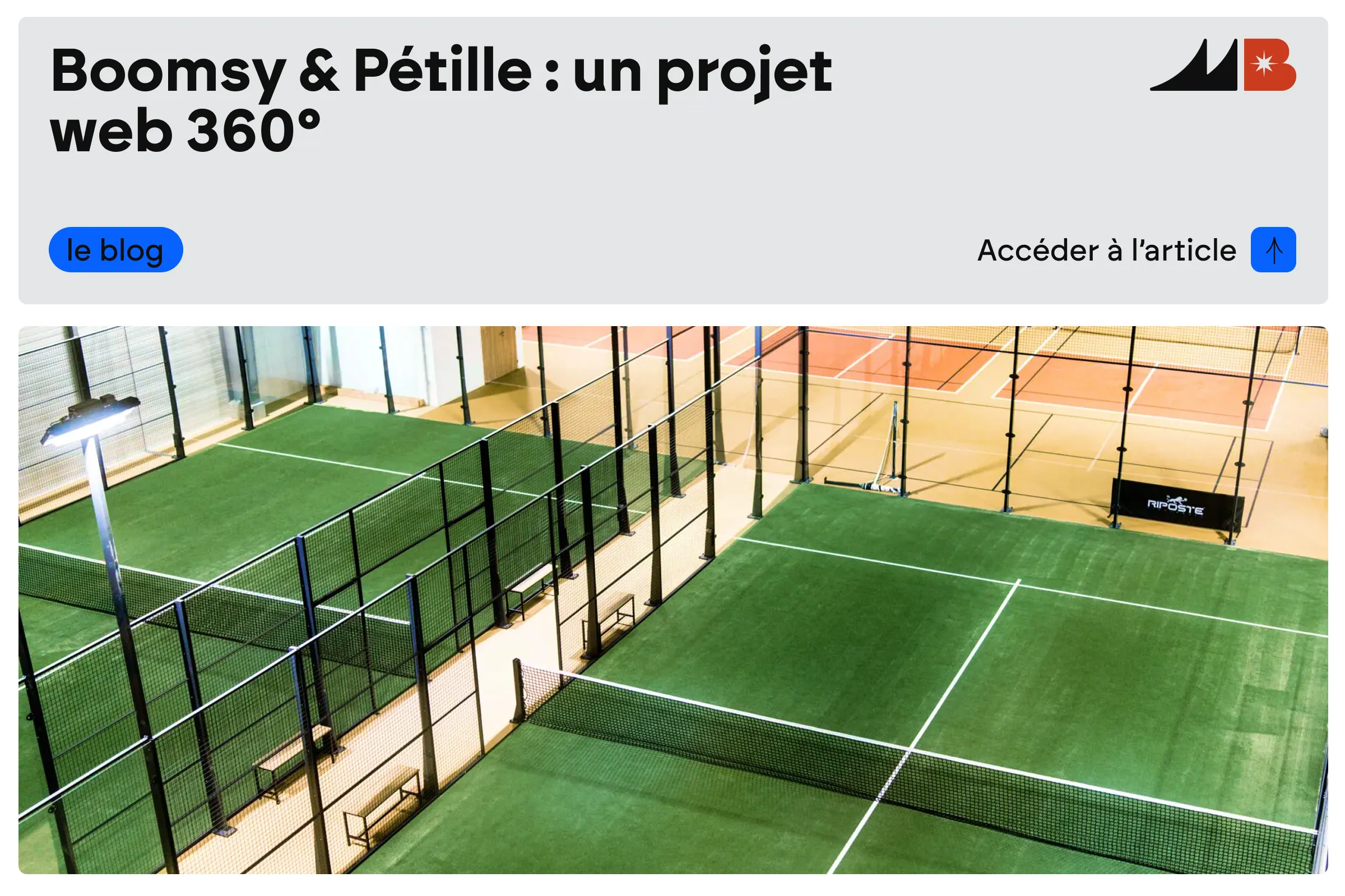 Terrains de padel du complexe Boomsy à Saint-Malo vus d'en haut, avec le titre de l'article Boomsy & Pétille : un projet web 360°